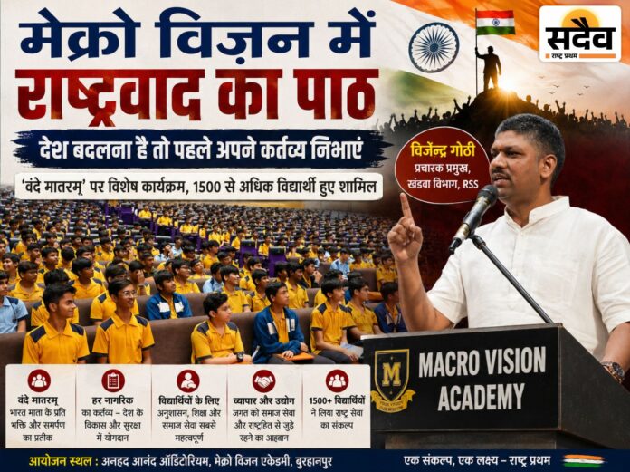 मेक्रो विज़न एकेडमी बुरहानपुर में वंदे मातरम् कार्यक्रम में विद्यार्थियों को संबोधित करते विजेंद्र गोठी