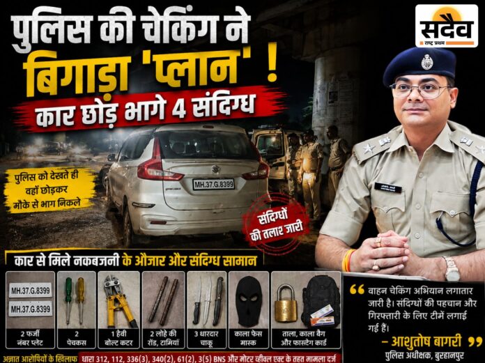 नेपानगर में पुलिस चेकिंग देखकर कार छोड़ भागे चार संदिग्ध, कार से नकबजनी के औजार बरामद