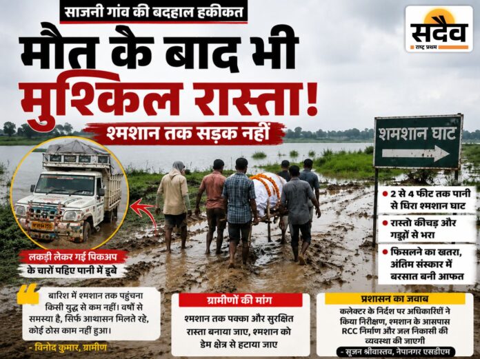 साजनी गांव में पानी और कीचड़ से घिरा श्मशान घाट का रास्ता