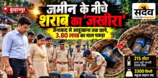 सागर शराब कांड के बाद बुरहानपुर में ताबड़तोड़ छापे: जमीन में दबा रखा था लहान, झाड़ियों में छिपी मिलीं कैन बुरहानपुर में अवैध शराब के खिलाफ कार्रवाई में 215 लीटर कच्ची शराब जब्त और 3300 किलो महुआ लहान नष्ट