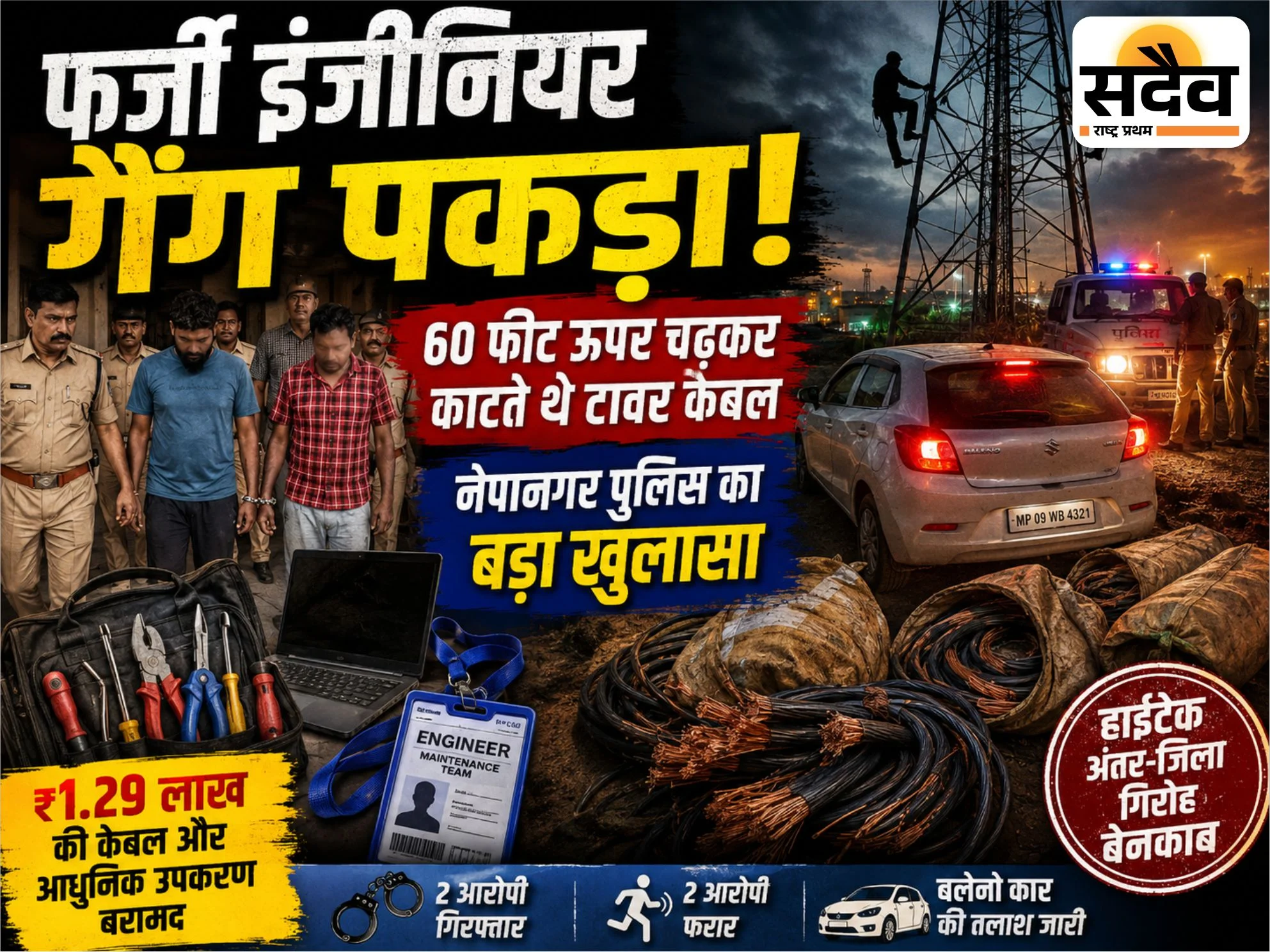 फर्जी इंजीनियर बनकर मोबाइल टावर से केबल चोरी करने वाला गिरोह नेपानगर पुलिस ने पकड़ा