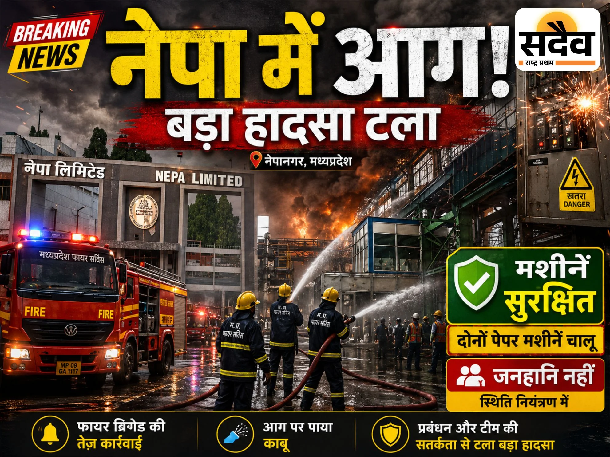 नेपानगर स्थित नेपा लिमिटेड में अग्नि दुर्घटना के बाद फायर टीम ने आग पर काबू पाया