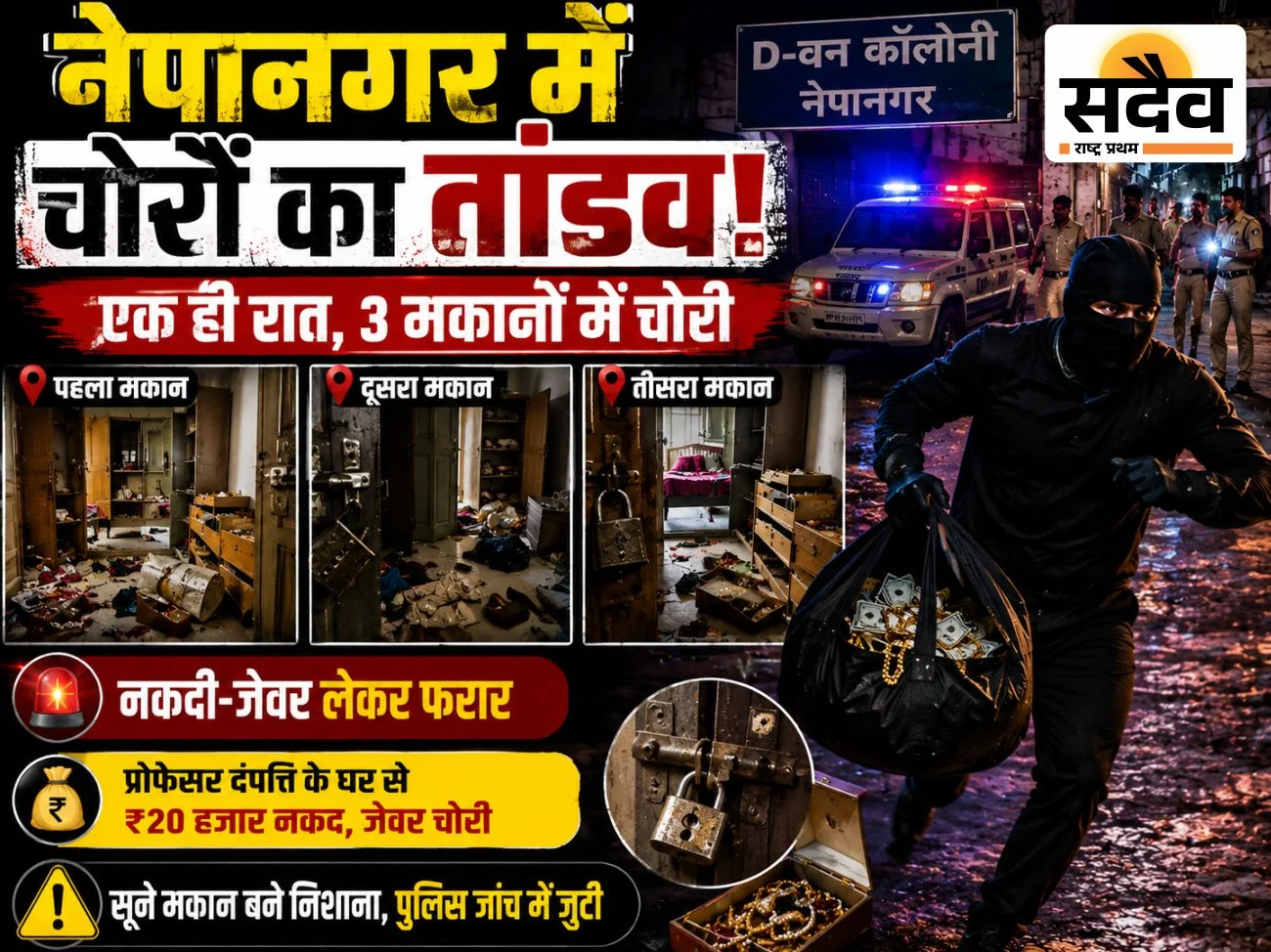 नेपानगर में एक रात में 3 सूने मकानों में चोरी, नकदी-जेवर लेकर फरार