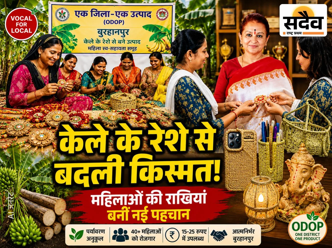 बुरहानपुर में महिला स्व-सहायता समूह द्वारा केले के रेशे से बनाई गई पर्यावरण-अनुकूल राखियां प्रदर्शित करती महिलाएं