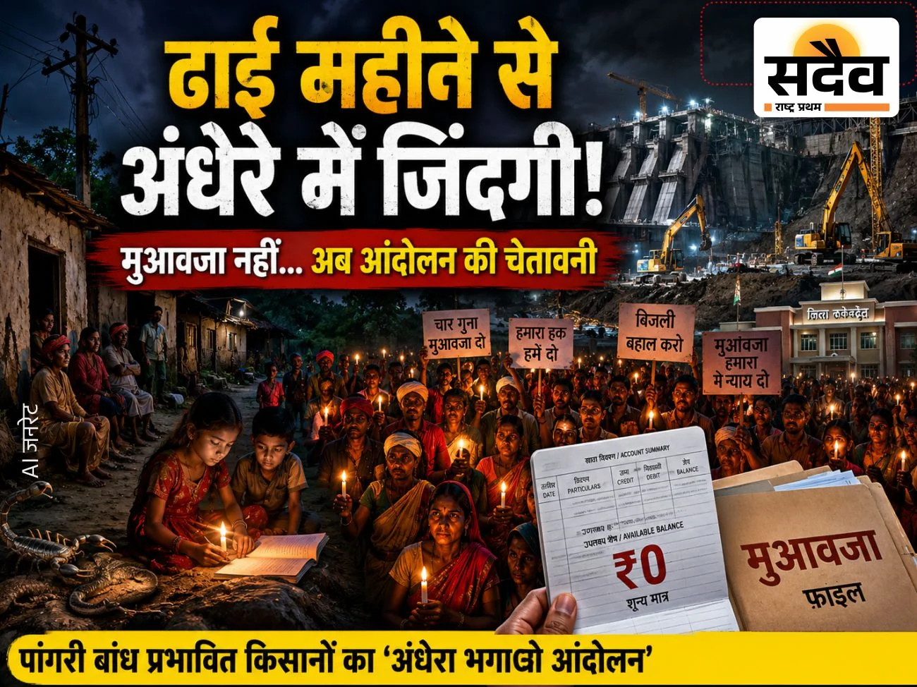 पांगरी बांध प्रभावित किसानों का अंधेरा भगाओ आंदोलन, कैंडल जलाकर मुआवजे और बिजली बहाल करने की मांग करते किसान।